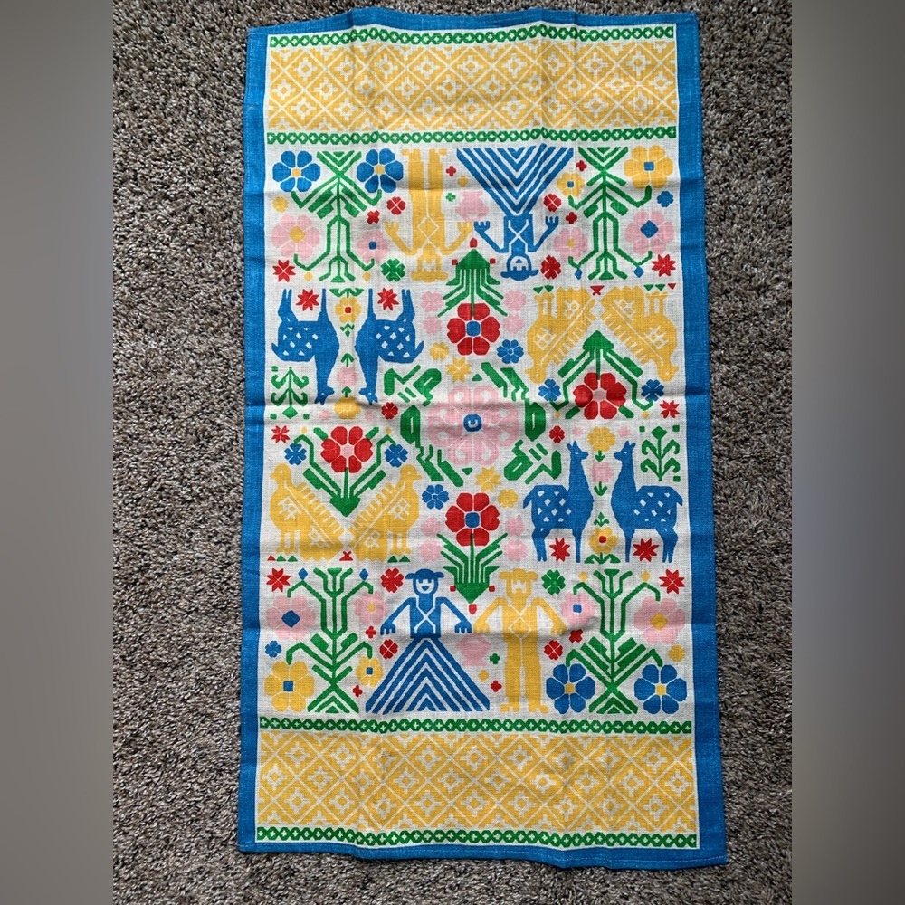 Vintage Fallani & Cohn Tea Towel-Amish or Aztec? Flowers, Llamas, Birds, People
